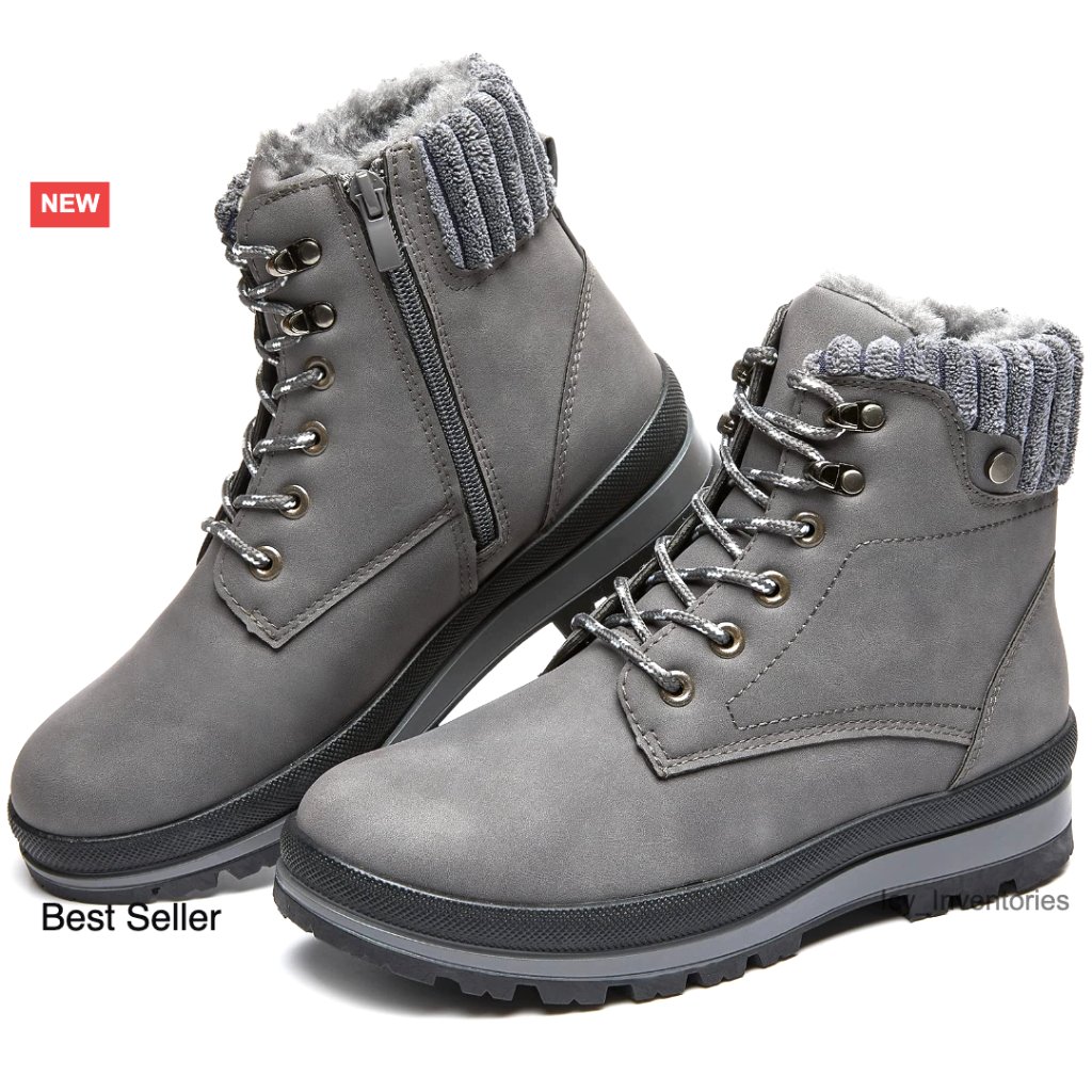 Waterproof Combat Boots With Side Zipper Warm Fur Lined Winter Snow Boots